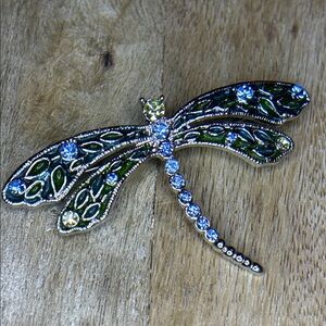 Silver dragonfly, colorful, rhinestone, enamel brooch
